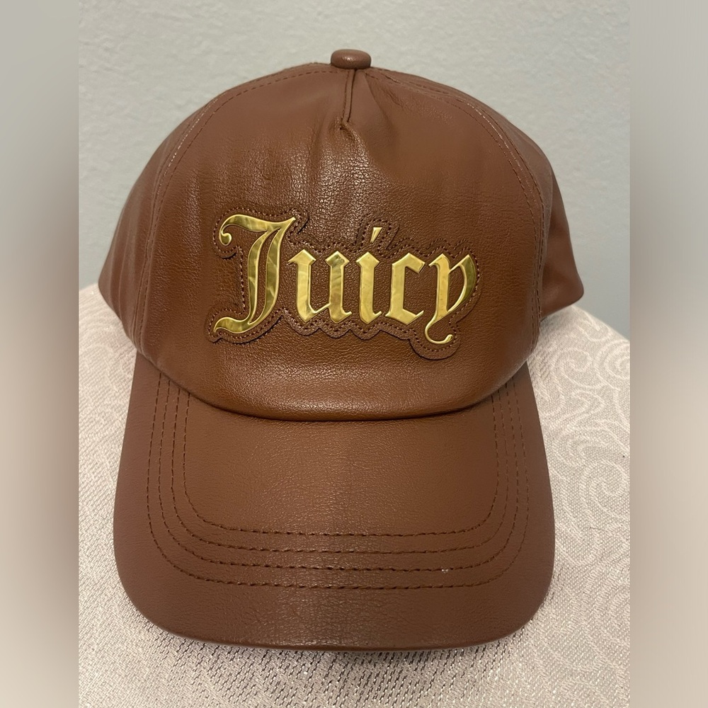 Juicy Couture Faux Leather Cap in Brown with Gold Detail